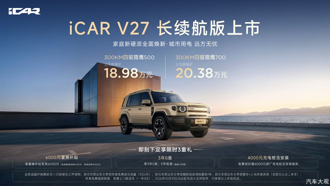 18万唯一增程长续航四驱，iCAR V27长续航版上市